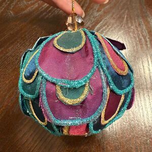Vintage Pier One Peacock Fabric Glitter Christmas Tree Ornaments Decor Holiday